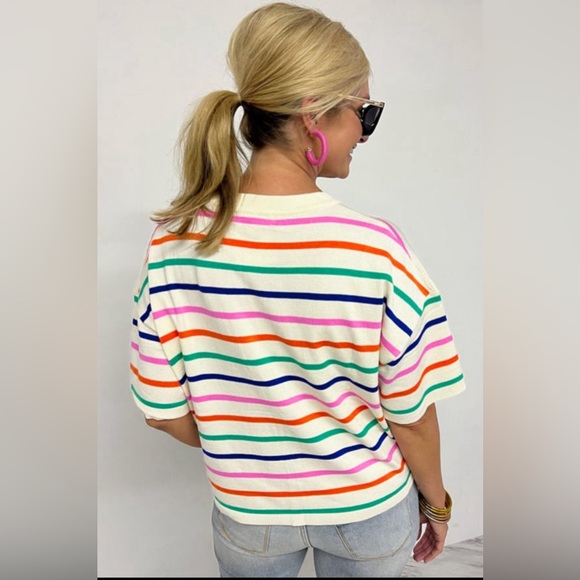 Layten- stripe dropped short sleeve boxy fit knitted top. - Picture 3 of 3